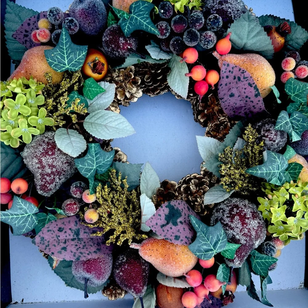 Vtg Kurt Adler Sugared Beaded Fruit Pinecorns  Wreath And 2 Candle Holder  Set